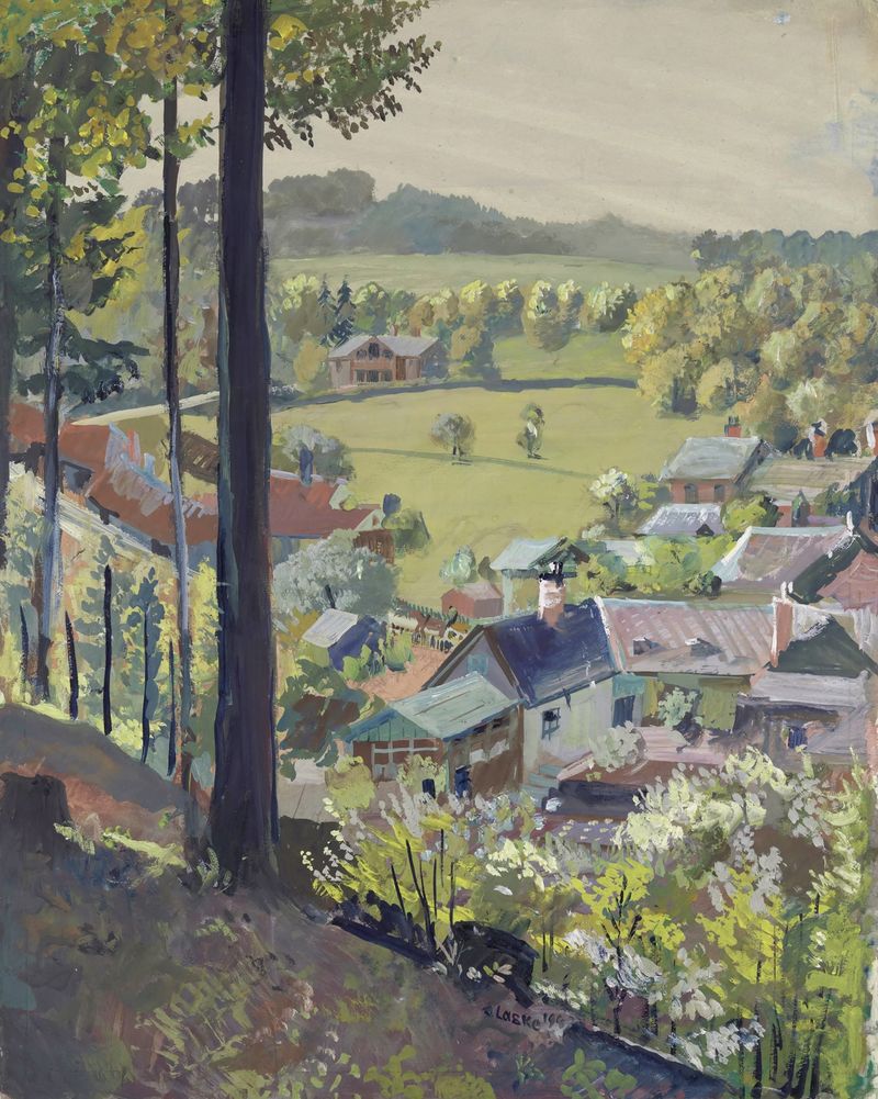 Pintura de paisaje al óleo de Oskar Laske con nubes y colinas
