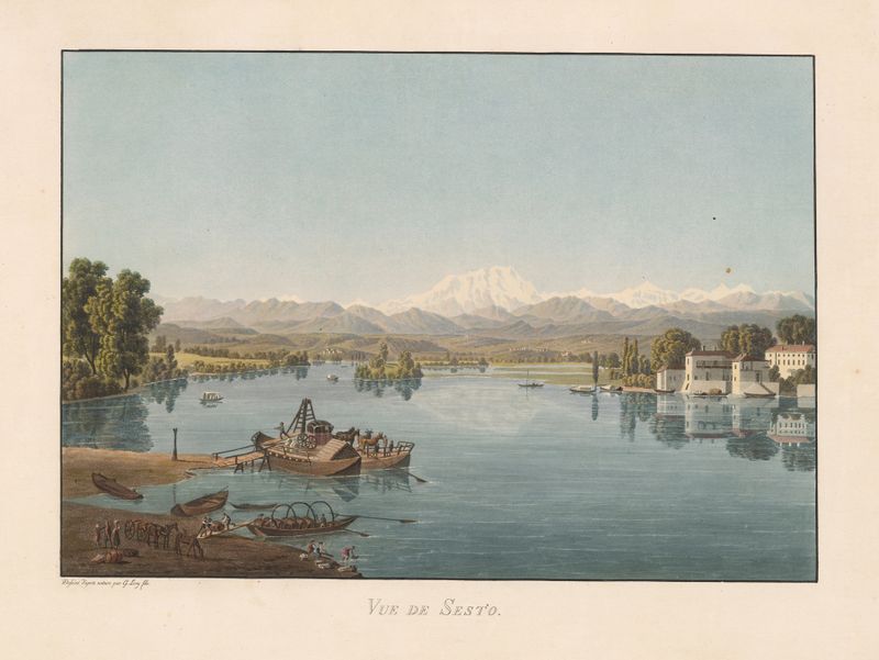 Vue de Sesto de Gabriel Lory o Jovem, pintura a óleo que retrata uma paisagem serena com colinas e uma aldeia.