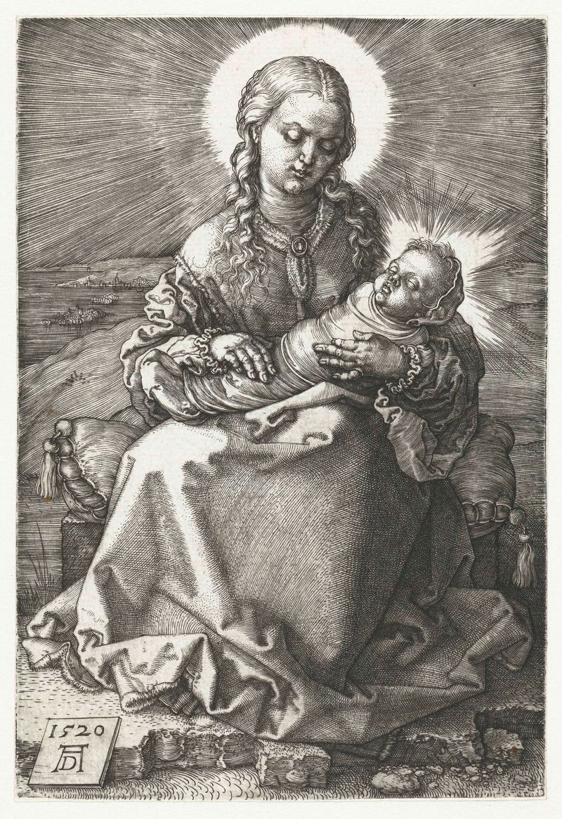 Grabado de Albrecht Dürer que muestra a María sosteniendo a su hijo envuelto