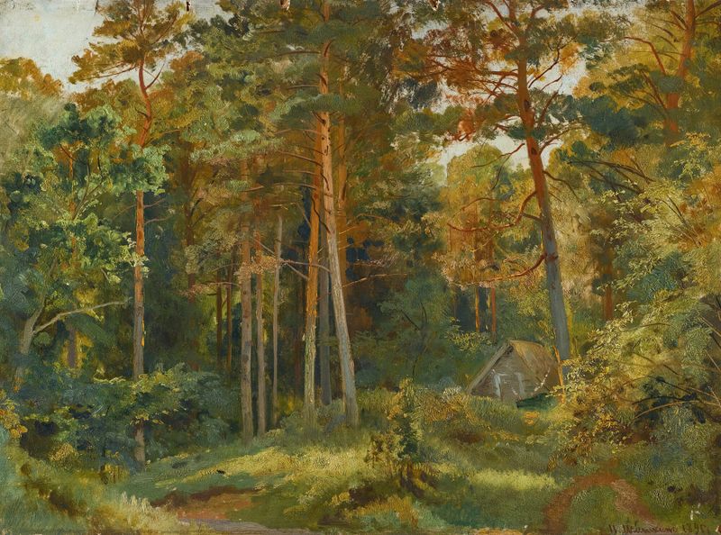 Landscape of a forest with oak trees and sunlight, by Ivan Ivanovich Shishkin, oil painting