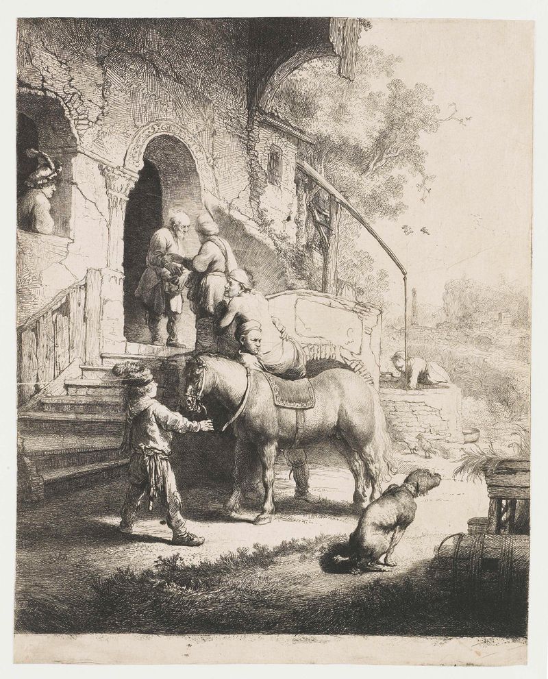 Gravura O Bom Samaritano de Rembrandt van Rijn mostrando um homem ajudando o ferido.