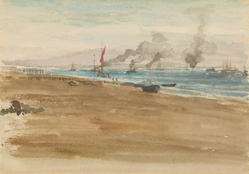 La Boca del Río de James Abbott McNeill Whistler, pintura al óleo que muestra un paisaje de río brumoso.
