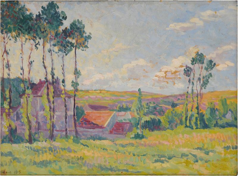 Cena de gênero com trabalhadores e têxteis, pintura a óleo de Maximilien Luce