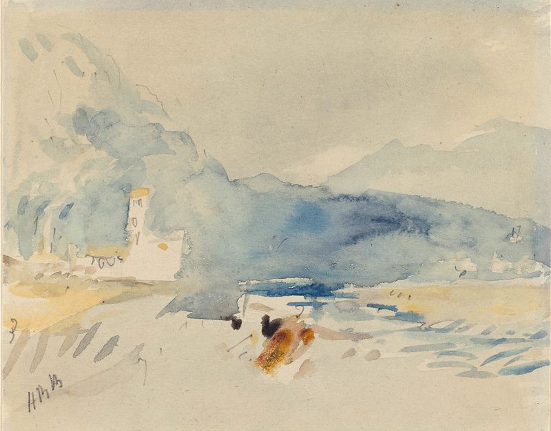 Un paisaje con montañas y un arroyo, óleo sobre lienzo de Hercules Brabazon Brabazon