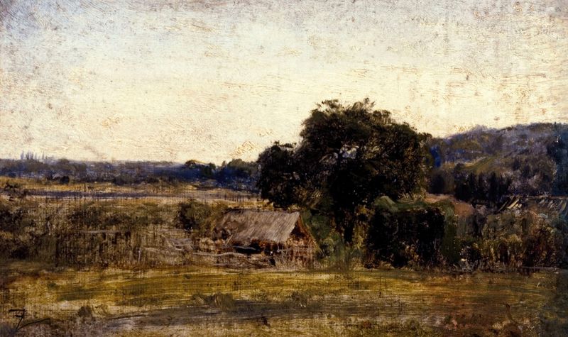 Pintura al óleo de Félix Ziem que representa un pueblo tranquilo y colinas onduladas.