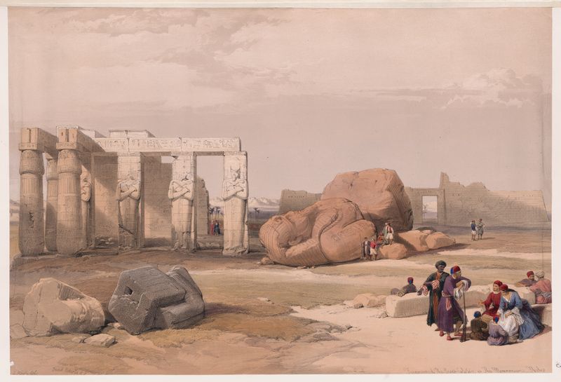 Fragmento de los Grandes Colosos en el Memnonium de David Roberts, óleo que representa ruinas antiguas.