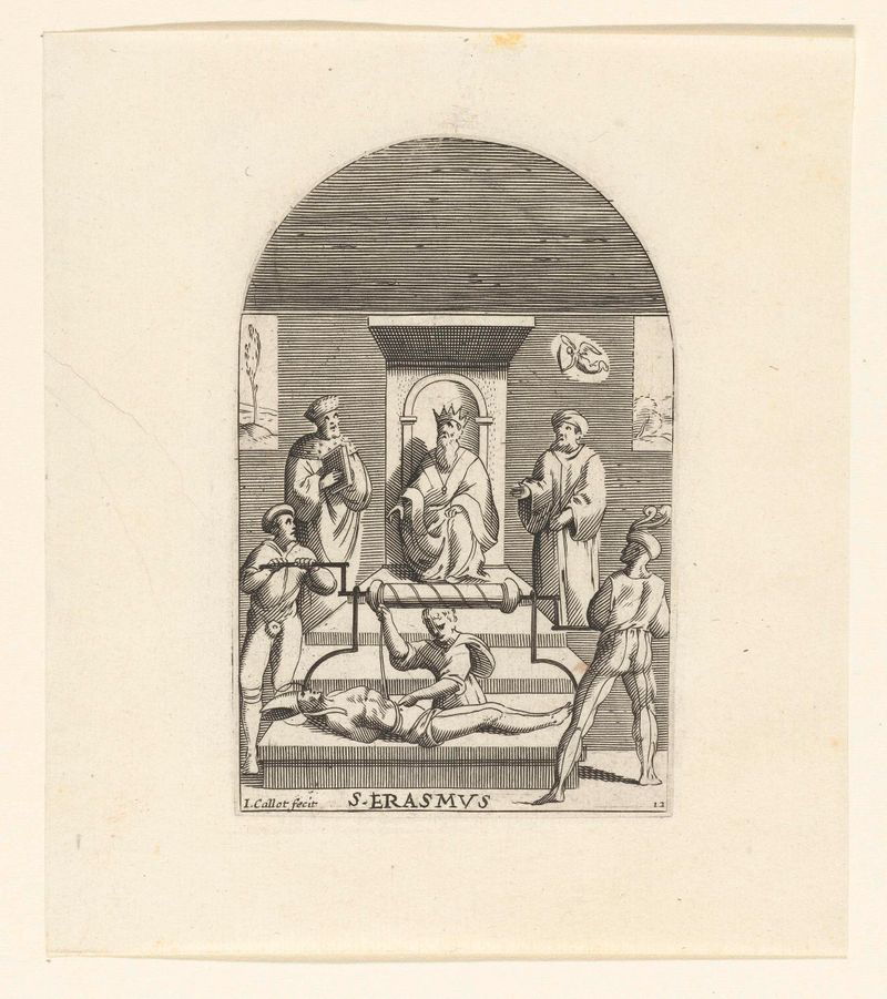 Gravura de Jacques Callot retratando São Erasmo amarrado em angústia.