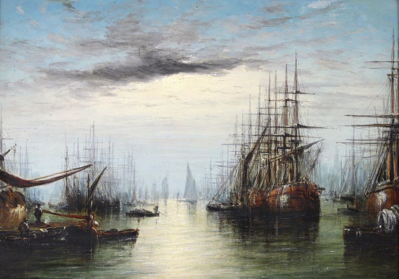 Shipping on the Thames de Francis Moltino, pintura al óleo que muestra barcos en un río bajo cielos nublados.