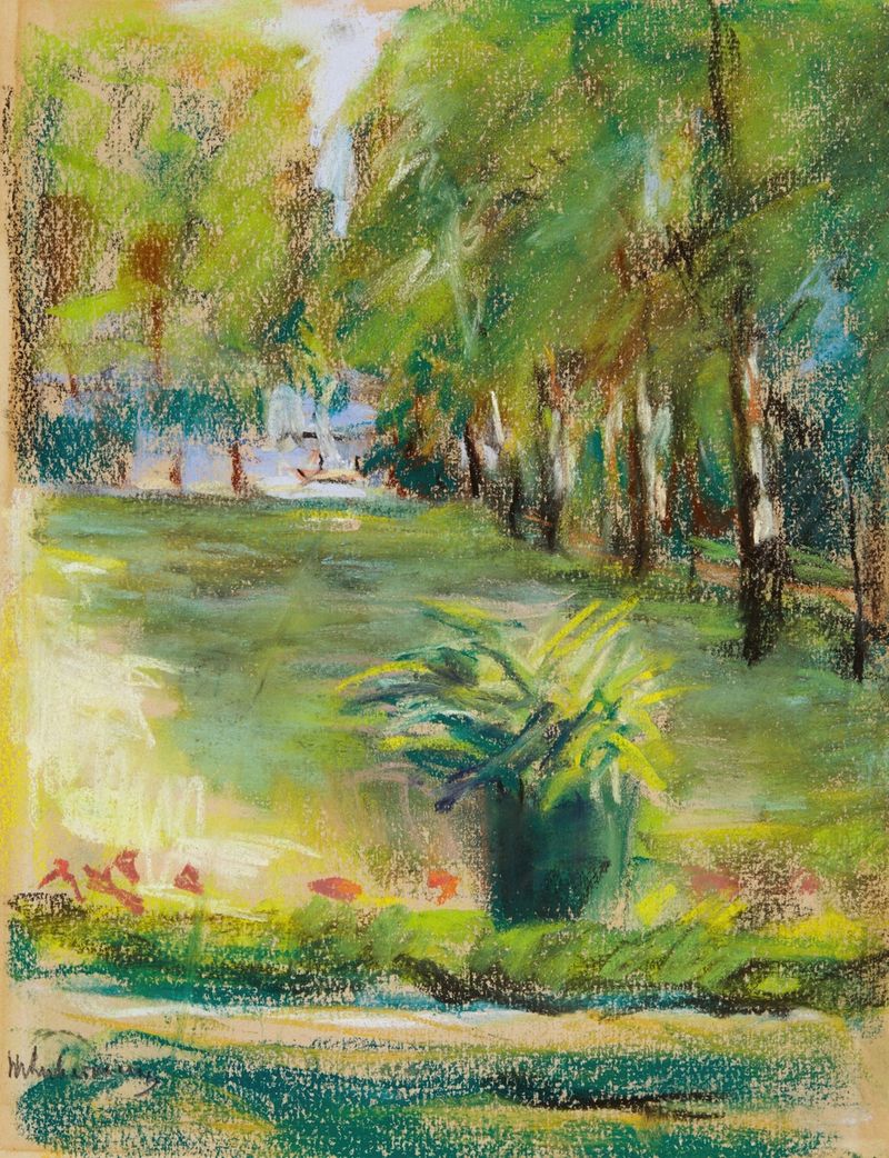 óleo sobre tela de Max Liebermann retratando uma cena de jardim com uma mulher cuidando de flores e um homem próximo