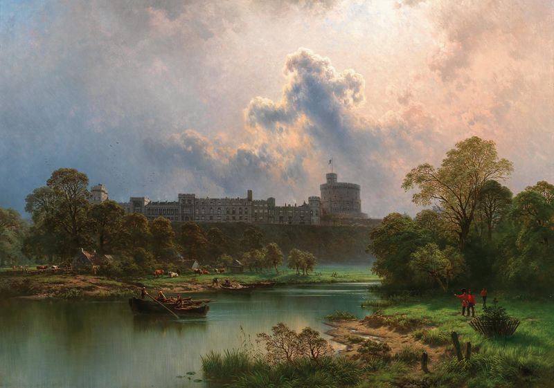 A View of Windsor Castle de Ernst Rieck, óleo sobre tela, apresentando um majestoso castelo e vegetação luxuriante.