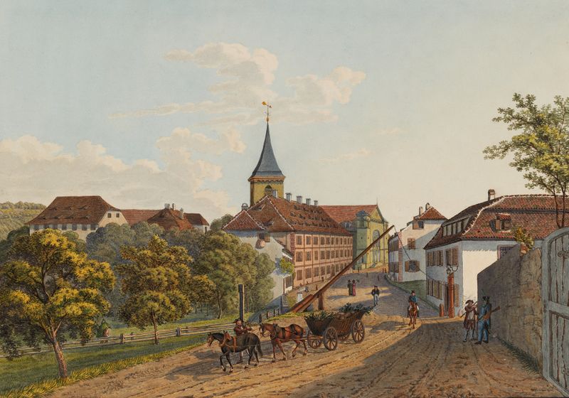 Arquitectura con un campanario y paisaje de Hauptstrasse und Kirche in Lörrach, medio desconocido