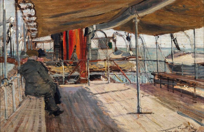 Cena marinha com um barco navegando ondas ao pôr do sol, óleo sobre tela de Emile Louis Mathon