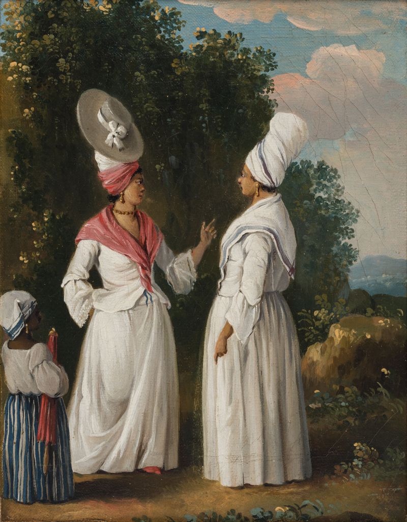 Oil painting by Agostino Brunias depicting women in traditional dress, Dominica.