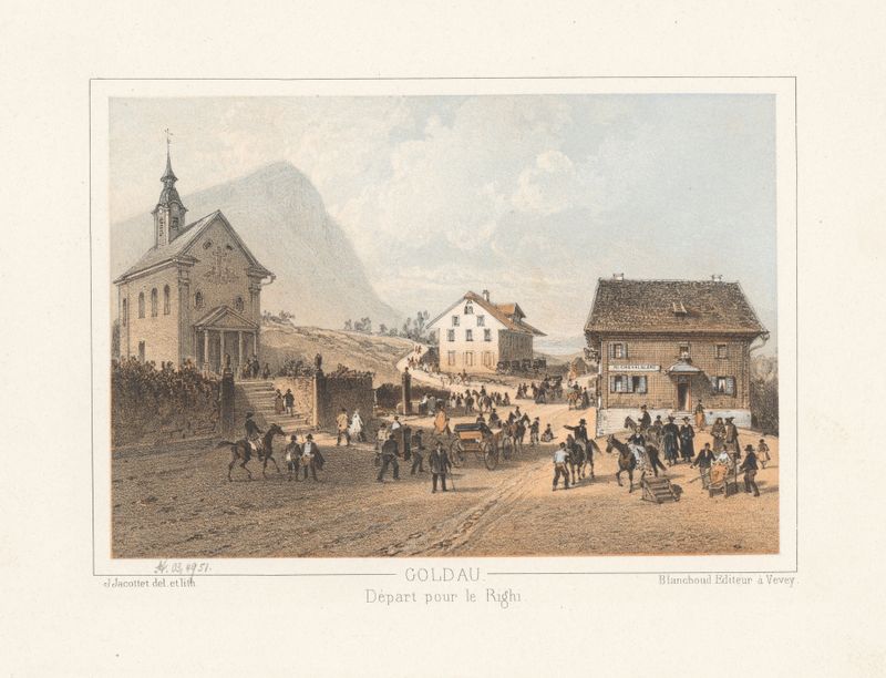 Goldau. Départ pour le Righi, óleo sobre tela de Jean Jacottet, retratando montanhas majestosas e natureza.