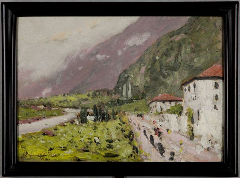 Pintura al óleo de paisaje de Denman Waldo Ross que representa montañas y un valle en luz dorada.
