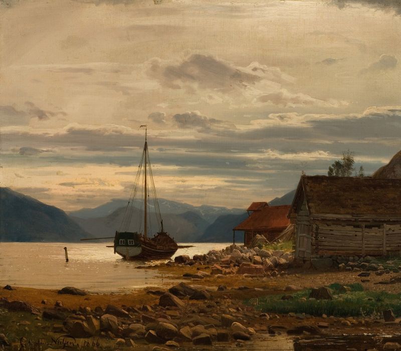 Pintura al óleo de Amaldus Nielsen con una figura solitaria junto a un río y montañas.