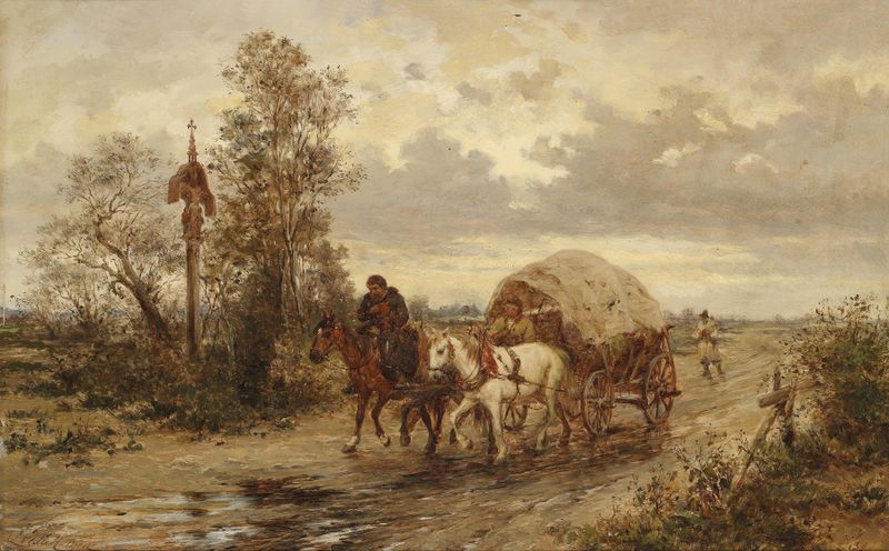 Escena de paisaje con un camino y árboles, pintura al óleo de Ludwig Gedlek