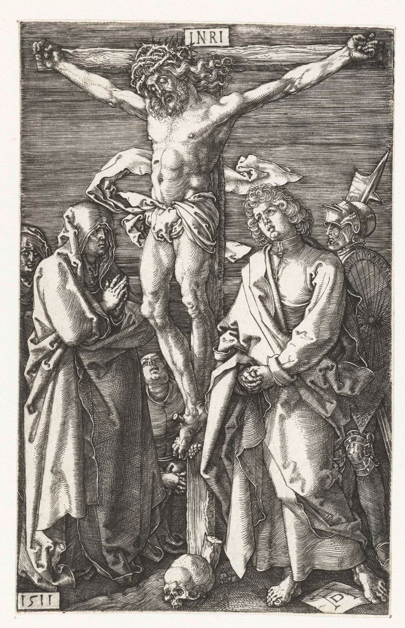 Engraving by Albrecht Dürer depicting the crucifixion with serene and anguished figures.