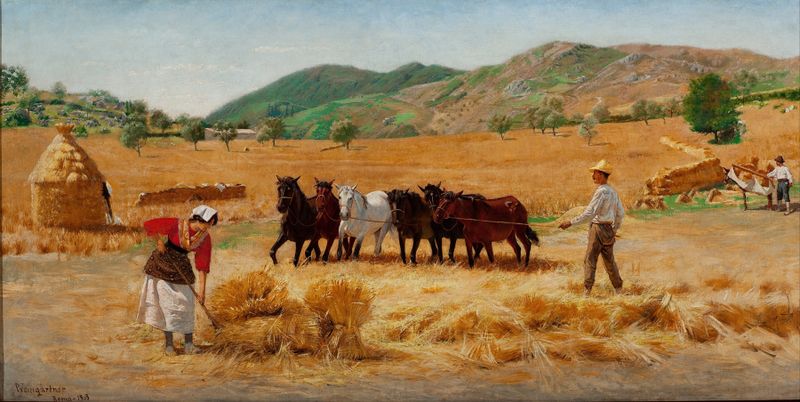Cosecha en Anticoli de Pedro Weingärtner, óleo sobre lienzo, que muestra a agricultores recolectando trigo y fruta.