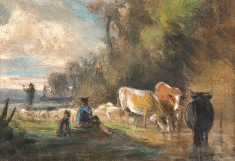 Oil painting by Friedrich Voltz depicting a serene landscape with water and animals.