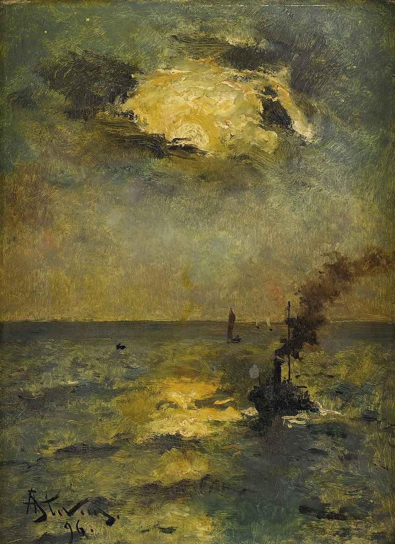 Marine scene with ships and sunlight breaking through clouds, oil painting by Alfred George Stevens