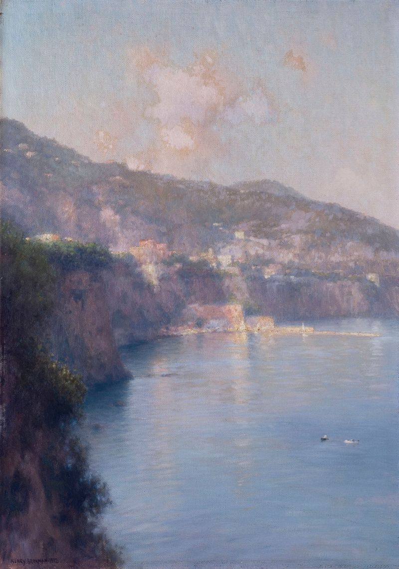 Cena marinha com barcos e águas cerúleas, pintura a óleo de Henry Brokman