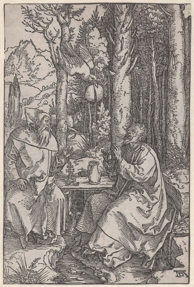 De Heilige Antonius bezoekt Paulus de Kluizenaar in de wildernis, grabado de Albrecht Dürer