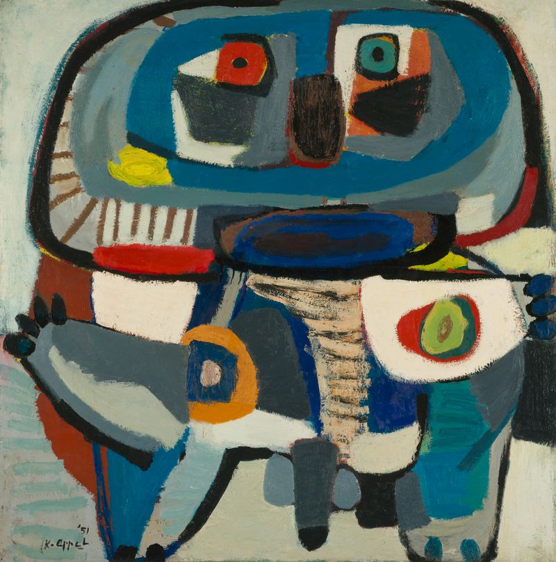 Pintura abstracta al óleo de Karel Appel con colores vibrantes y una figura central