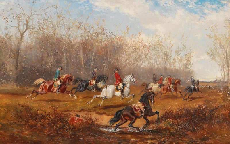 Hunting Party de Alexander Von Bensa, óleo sobre lienzo con figuras en atuendos lujosos.