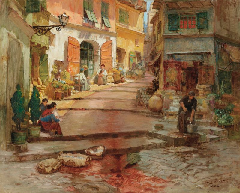 Rue Droite, dans le vieux Nice by Frederick Arthur Bridgman, oil painting of a narrow street.