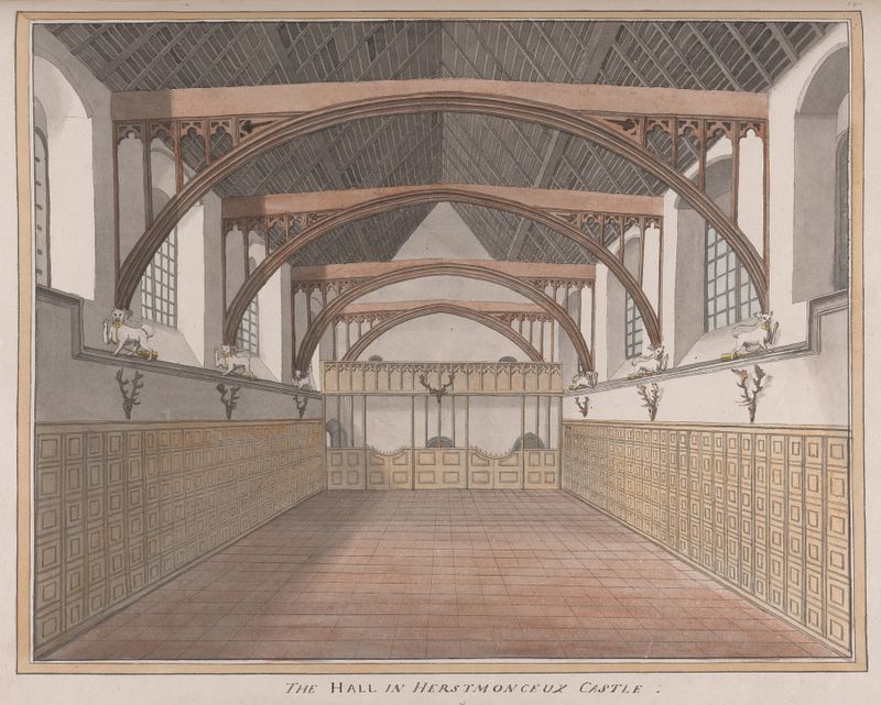 Interior view of Herstmonceux Castle hall, oil on canvas by James Lambert