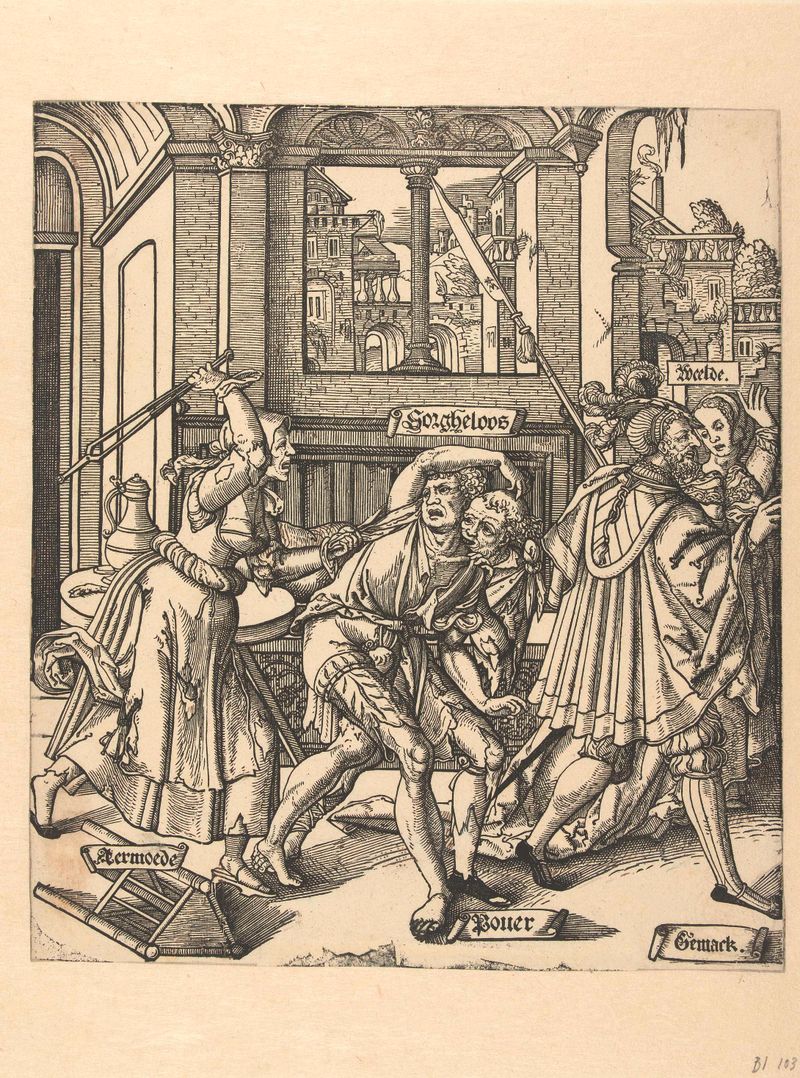 De verdrijving van Sorgheloos de Cornelis Anthonisz, papel, retrata figuras em tumulto e determinação.