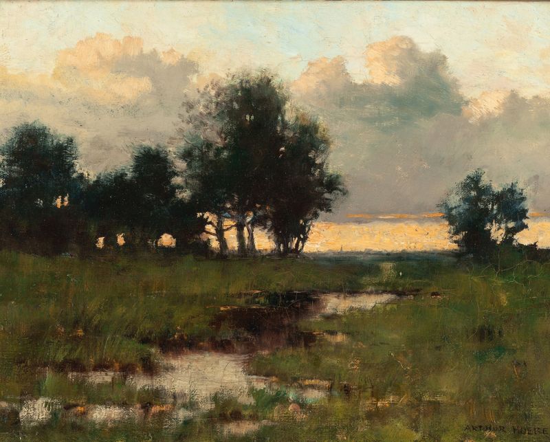 Twilight landscape by Arthur Hoeber, oil painting featuring deep blues and tranquil purples.