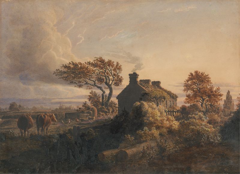 Acuarela de Cornelius Varley que representa un paisaje tranquilo al atardecer