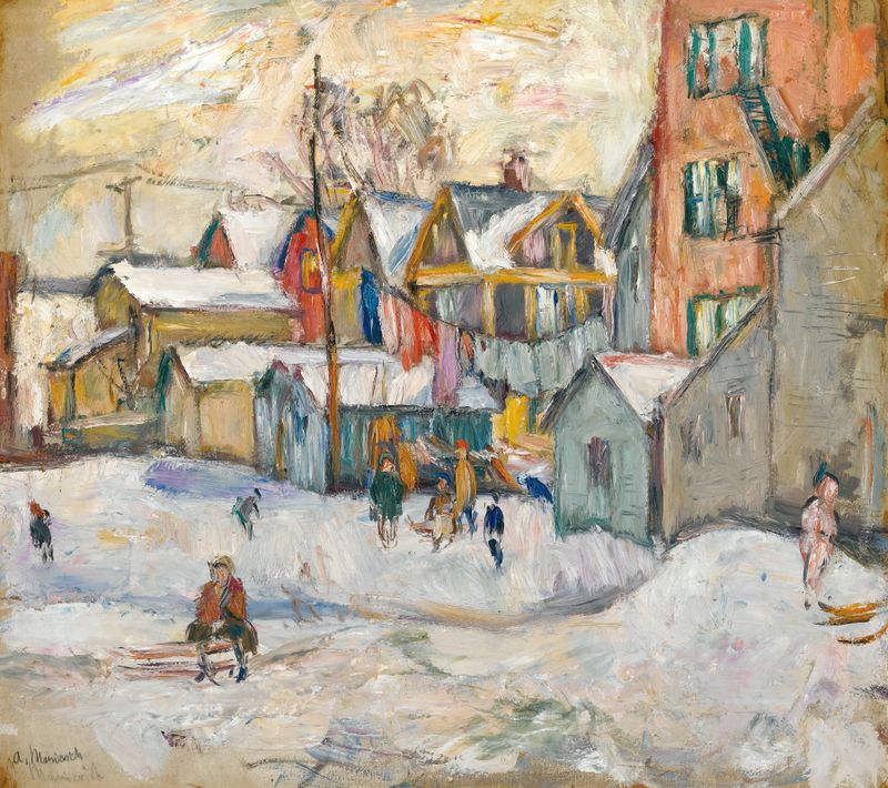 The Bronx by Abraham Manievich, oil on canvas depicting urban life with vibrant colors.