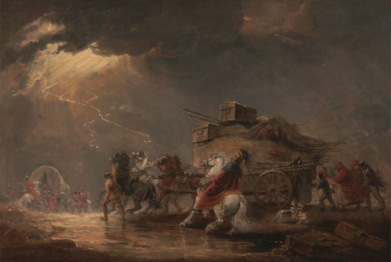Baggage Wagons in a Thunderstorm by Luke Clennell, oil painting depicting dark clouds and weary figures