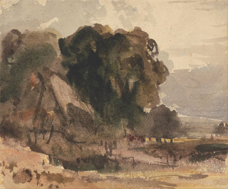 Cottage Amongst Trees de Peter DeWint, pintura a óleo de uma paisagem tranquila com árvores.