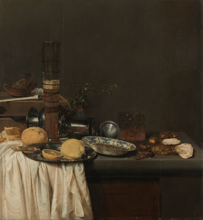 Naturaleza muerta al óleo de Jan Jansz. van de Velde (III) con un vaso de cerveza y un plato de porcelana con pimienta.