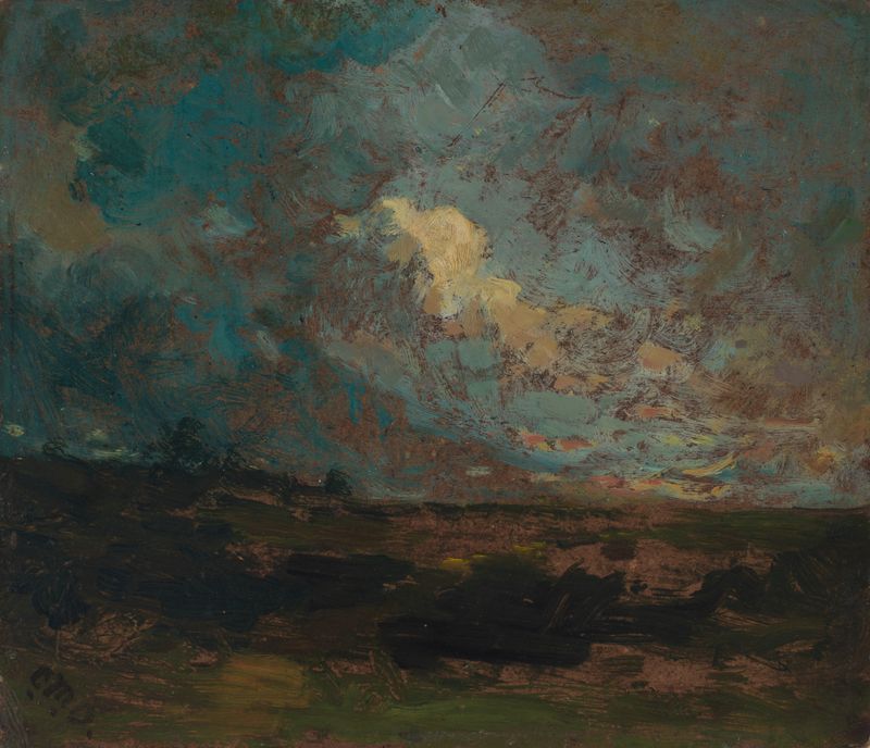 After the Shower, óleo sobre tela de Edward Mitchell Bannister, retratando uma paisagem exuberante com luz após a chuva.