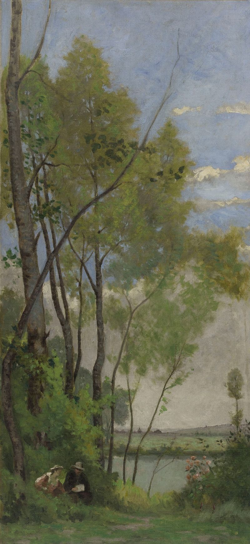 Bords de la Seine de Hector Hanoteau, Impresionismo, representando un río con sombras y ramas.