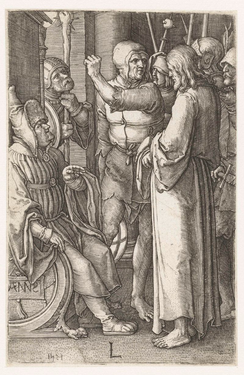 Grabado de Christus voor Annas de Lucas van Leyden que muestra a Cristo y a Annas con expresiones emocionales