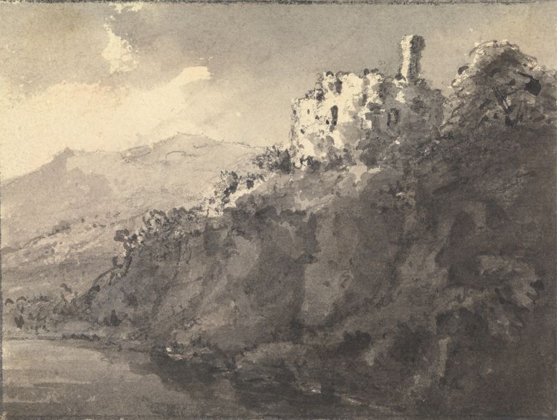 Paisagem com um castelo em uma colina, pintura a óleo de William Gilpin