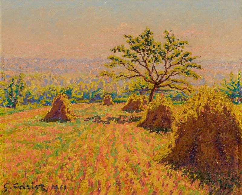 Paisaje con montones de trigo dorado, óleo sobre lienzo de Gustave Cariot