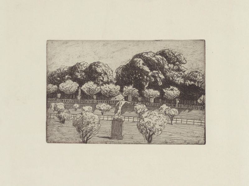 Colonnade du Luxembourg by Félix Vallotton, oil painting showing sunlight and shadows on cobblestones.