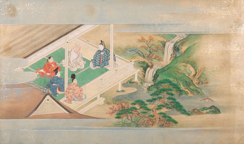 Illustration on paper by Karasumaru Mitsuhiro depicting figures from the Illustrated Tales of Ise.