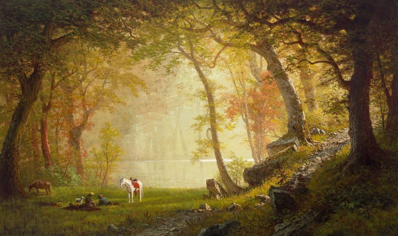 Paisaje con viajeros descansando en la naturaleza, óleo de Albert Bierstadt