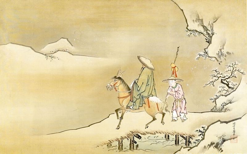 Scholar on Horseback with Attendant de Kano Dōun, meio ouro
