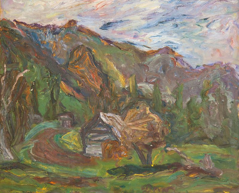 View Of Altai de Aleksandrs Drēviņš, óleo sobre tela representando montanhas e um vale sob um céu dramático