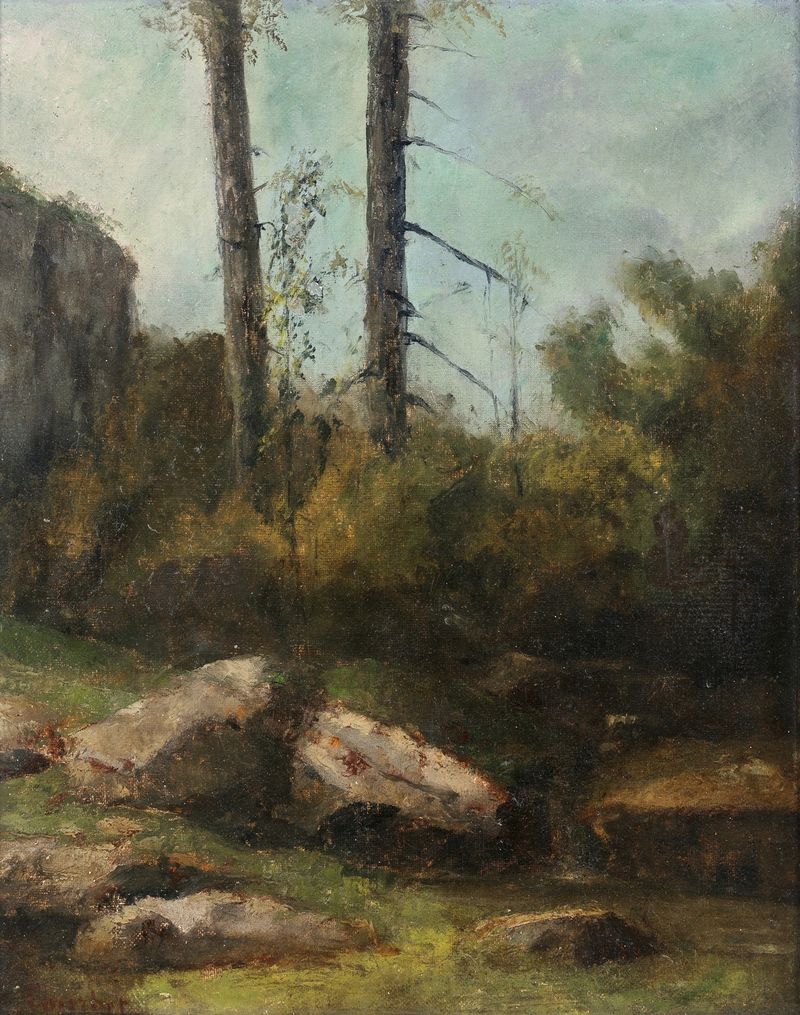Pintura de paisaje al óleo de Gustave Courbet con exuberante vegetación.