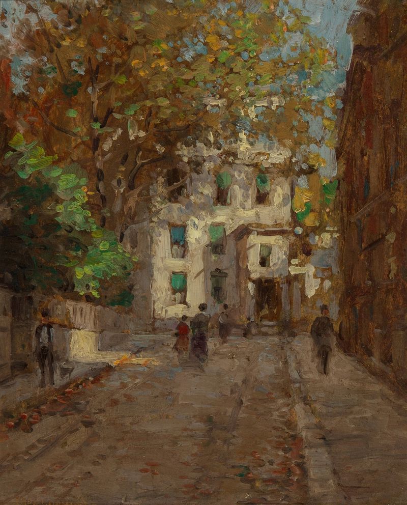 Landscape of a village at dawn, oil on canvas by Paul Cornoyer